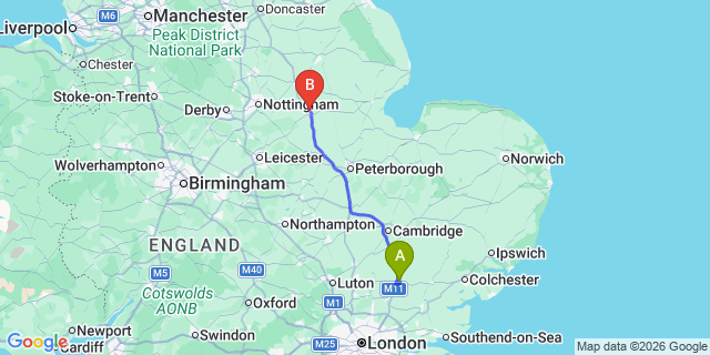Map: London Stansted Airport (STN) to Grantham