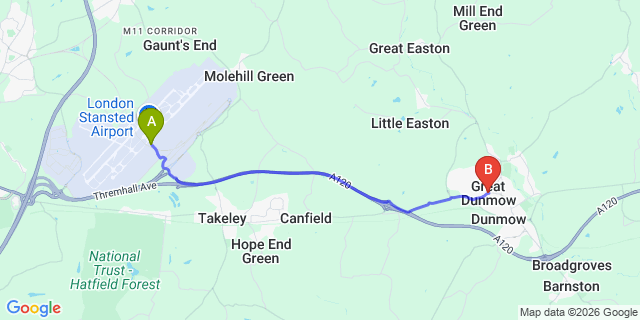 Map: London Stansted Airport (STN) to Great Dunmow