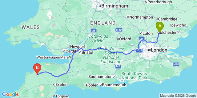 Map: London Stansted Airport (STN) to Great Torrington