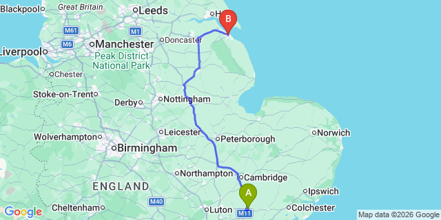 Map: London Stansted Airport (STN) to Grimsby