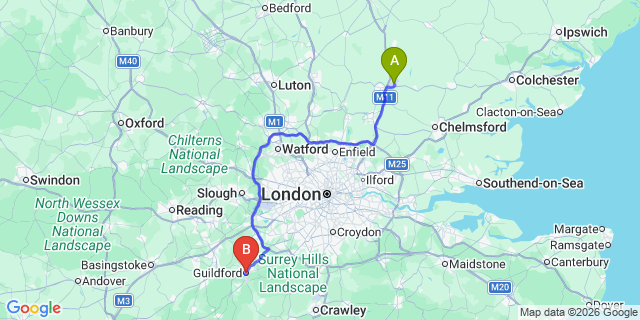 Map: London Stansted Airport (STN) to Guildford