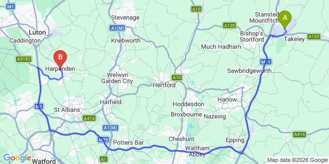 Map: London Stansted Airport (STN) to Harpenden