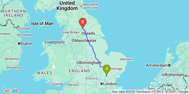 Map: London Stansted Airport (STN) to Harrogate
