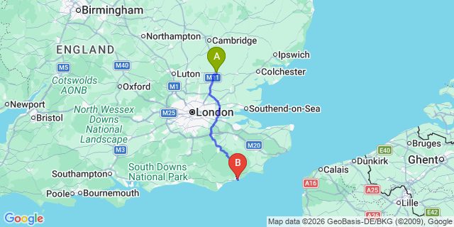 Map: London Stansted Airport (STN) to Hastings