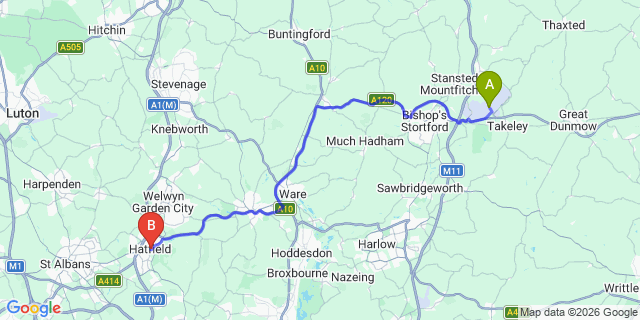 Map: London Stansted Airport (STN) to Hatfield