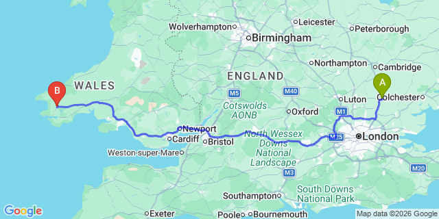 Map: London Stansted Airport (STN) to Haverfordwest