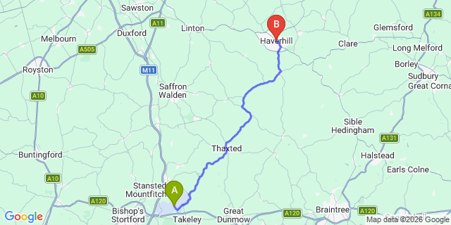 Map: London Stansted Airport (STN) to Haverhill