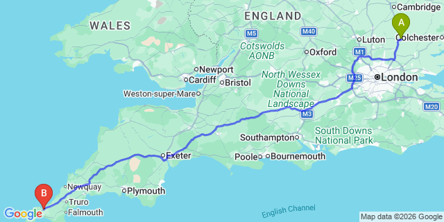 Map: London Stansted Airport (STN) to Hayle