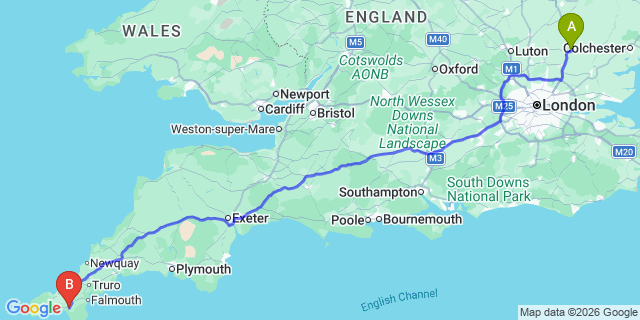 Map: London Stansted Airport (STN) to Helston
