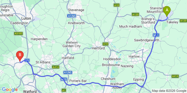 Map: London Stansted Airport (STN) to Hemel Hempstead