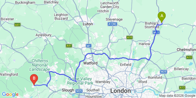 Map: London Stansted Airport (STN) to Henley-On-Thames