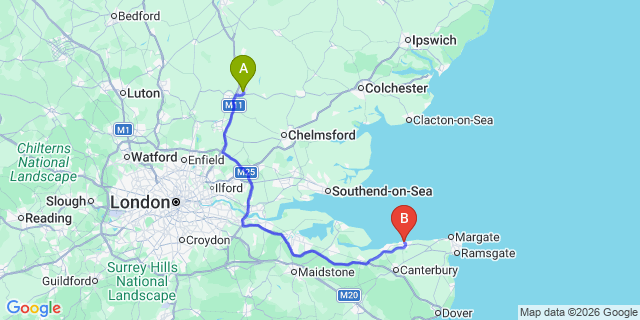 Map: London Stansted Airport (STN) to Herne Bay