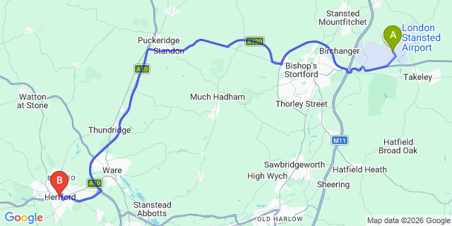 Map: London Stansted Airport (STN) to Hertford