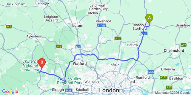 Map: London Stansted Airport (STN) to High Wycombe