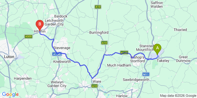 Map: London Stansted Airport (STN) to Hitchin
