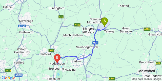Map: London Stansted Airport (STN) to Hoddesdon