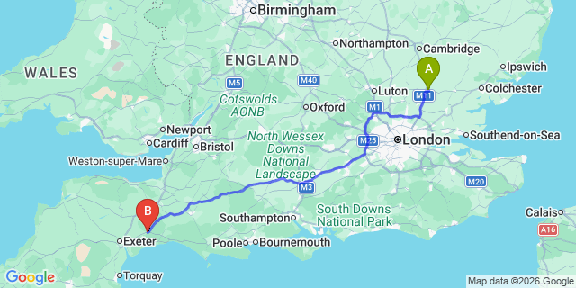 Map: London Stansted Airport (STN) to Honiton