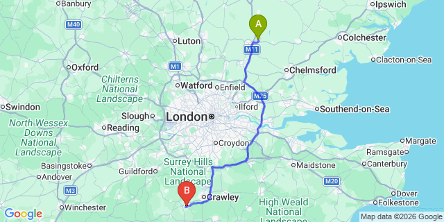 Map: London Stansted Airport (STN) to Horsham