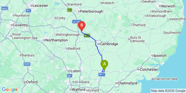 Map: London Stansted Airport (STN) to Huntingdon