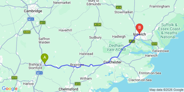 Map: London Stansted Airport (STN) to Ipswich