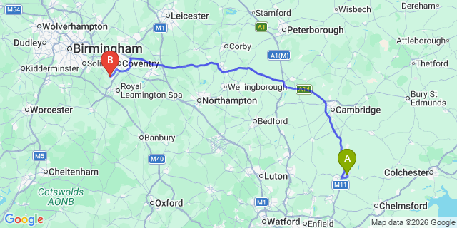 Map: London Stansted Airport (STN) to Kenilworth