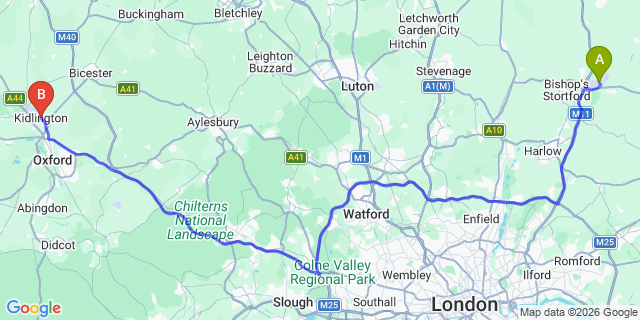 Map: London Stansted Airport (STN) to Kidlington