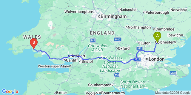 Map: London Stansted Airport (STN) to Kidwelly