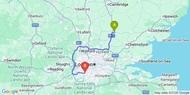 Map: London Stansted Airport (STN) to Kingston Upon Thames