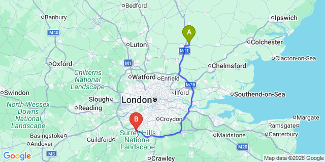 Map: London Stansted Airport (STN) to Leatherhead