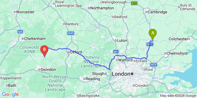 Map: London Stansted Airport (STN) to Lechlade