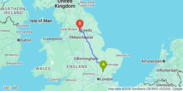 Map: London Stansted Airport (STN) to Leeds