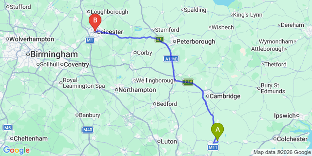 Map: London Stansted Airport (STN) to Leicester