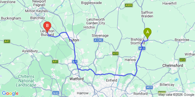 Map: London Stansted Airport (STN) to Leighton Buzzard