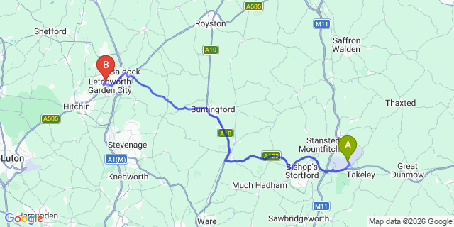 Map: London Stansted Airport (STN) to Letchworth