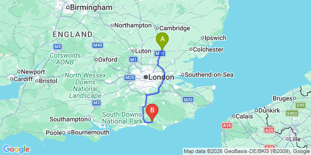 Map: London Stansted Airport (STN) to Lewes