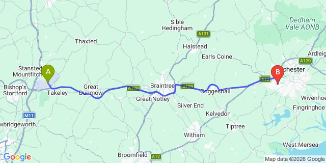 Map: London Stansted Airport (STN) to Lexden