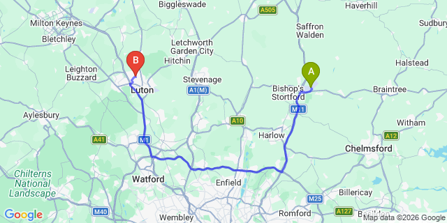 Map: London Stansted Airport (STN) to Limbury
