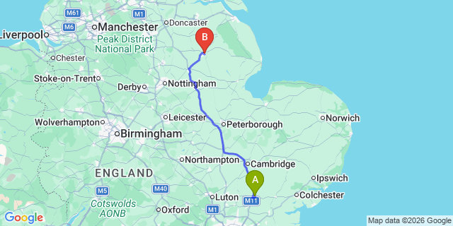 Map: London Stansted Airport (STN) to Lincoln