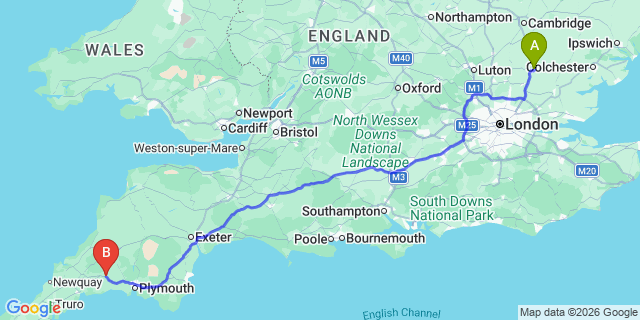 Map: London Stansted Airport (STN) to Liskeard