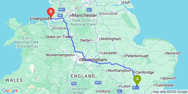 Map: London Stansted Airport (STN) to Liverpool