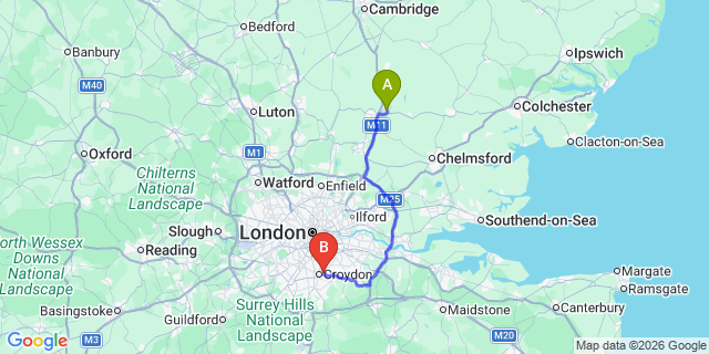 Map: London Stansted Airport (STN) to London - Addiscombe