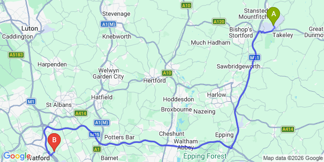 Map: London Stansted Airport (STN) to London - Aldenham