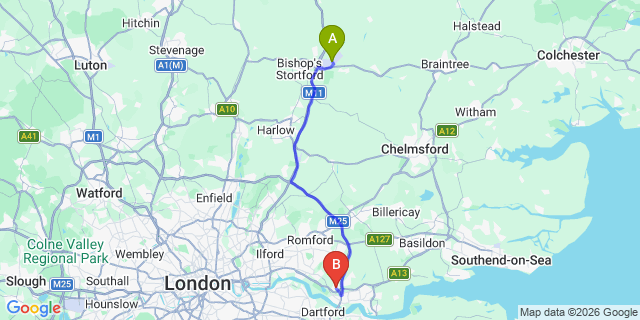 Map: London Stansted Airport (STN) to London - Aveley