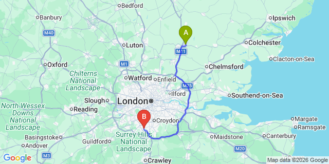 Map: London Stansted Airport (STN) to London - Banstead