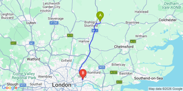 Map: London Stansted Airport (STN) to London - Barking