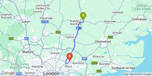 Map: London Stansted Airport (STN) to London - Barkingside