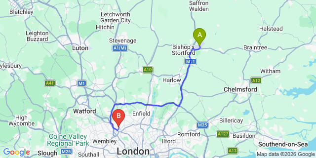 Map: London Stansted Airport (STN) to London - Barnet