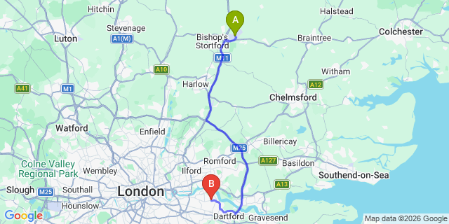 Map: London Stansted Airport (STN) to London - Belvedere