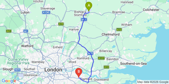 Map: London Stansted Airport (STN) to London - Bexleyheath