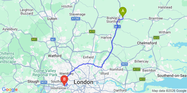 Map: London Stansted Airport (STN) to London - Brentford